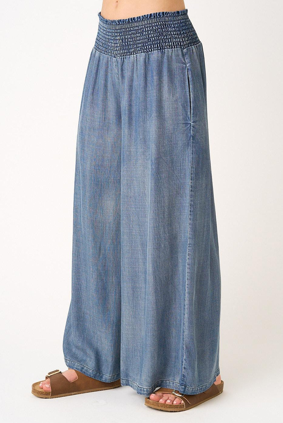 Blue denim wide-leg pants on a white background