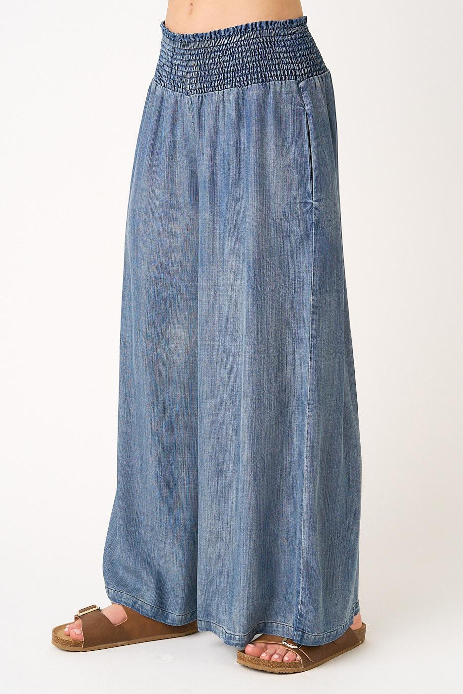Blue denim wide-leg pants on a white background