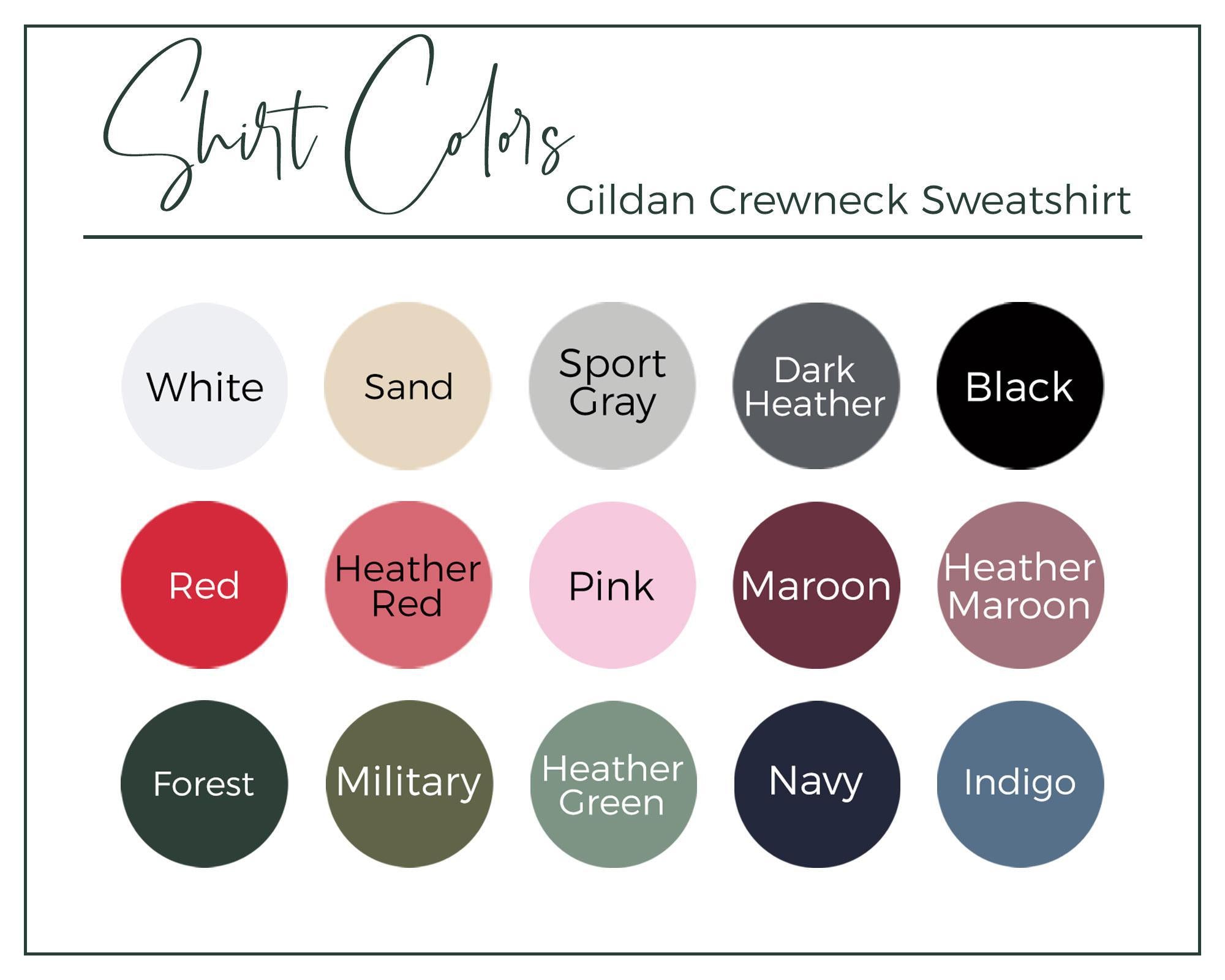 Color swatches for Gildan Crewneck Sweatshirt with various color options.