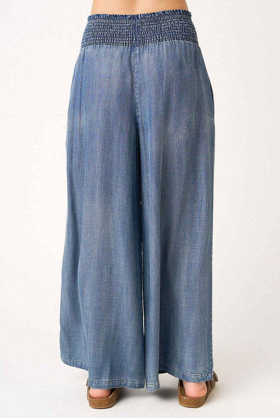 Blue denim wide-leg pants on a white background
