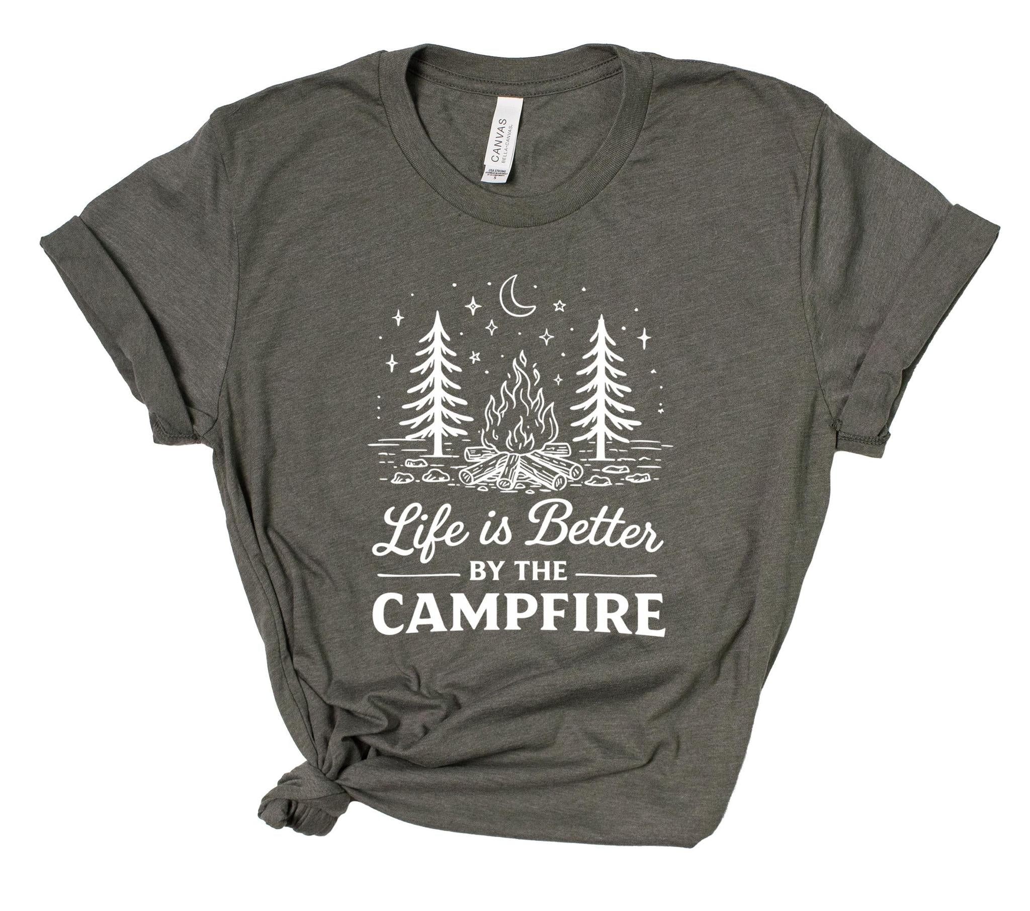 Gray t-shirt with 'Life is Better by the Campfire' graphic design on a white background