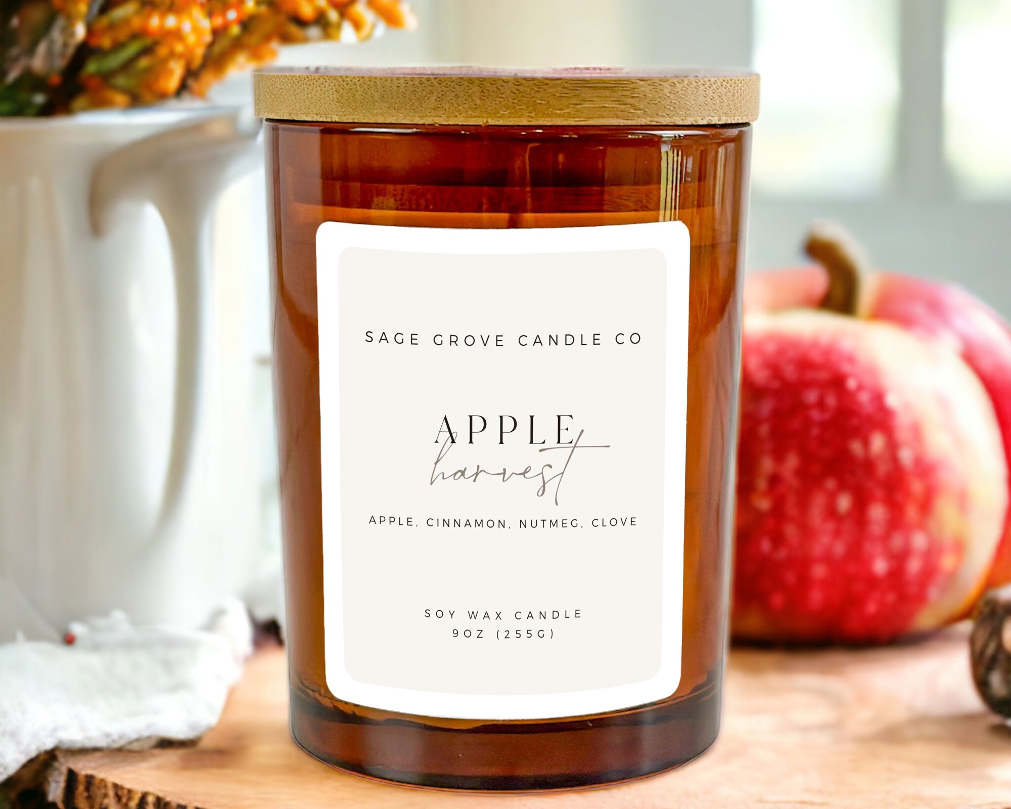 soy candle in amber jar with bamboo lid