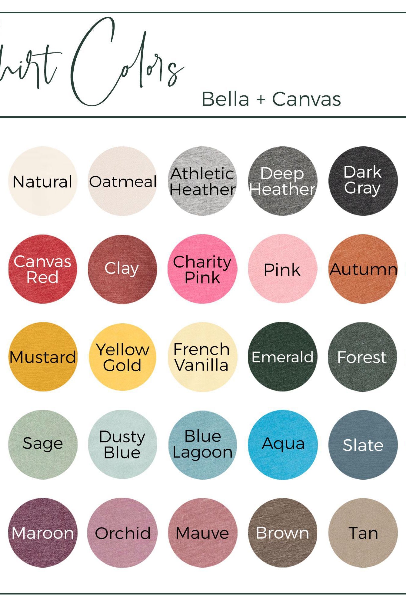 Color swatch chart for Bella + Canvas shirts with various color names.