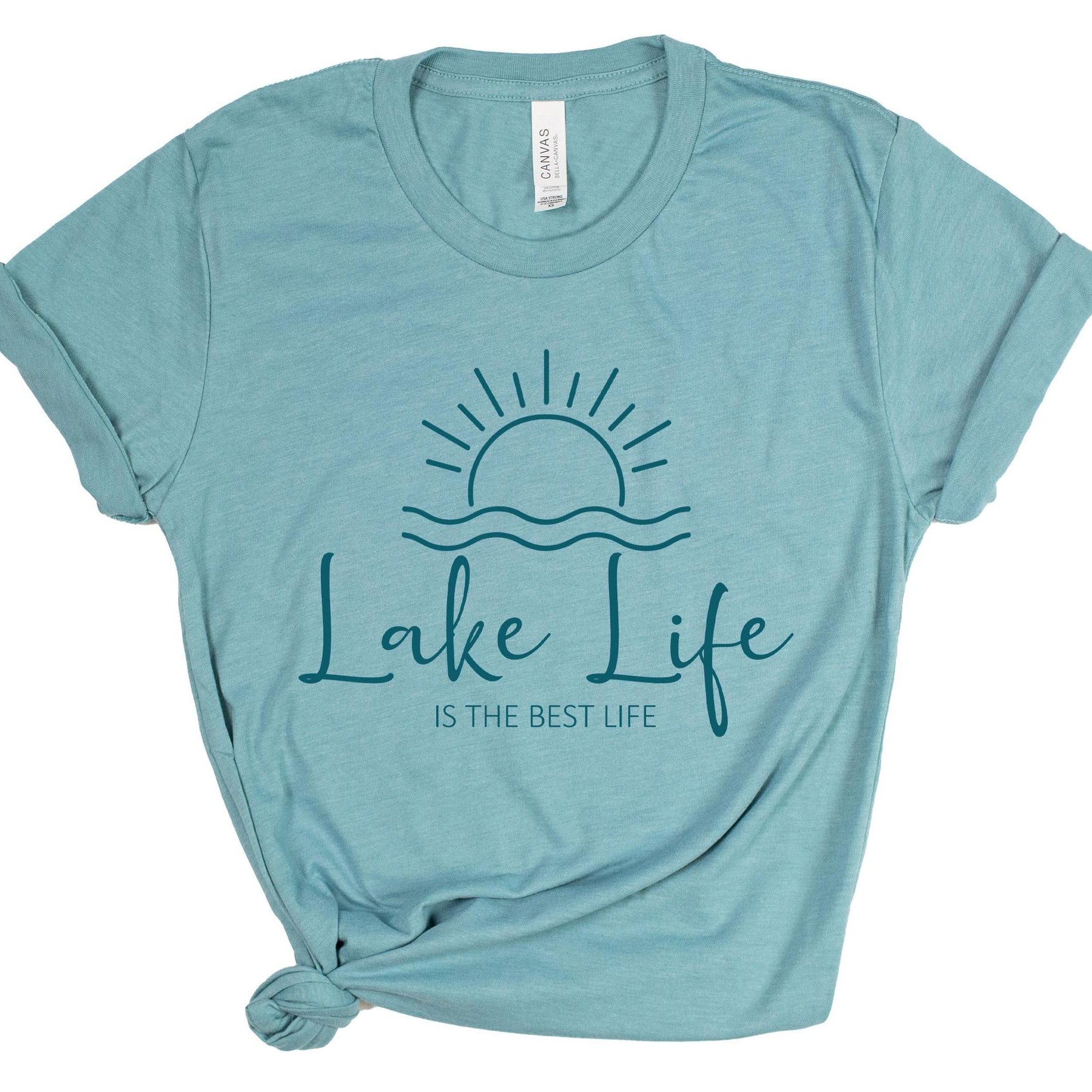Light blue t-shirt with 'Lake Life is the Best Life' graphic on a white background