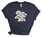 Navy blue t-shirt with 'Made in the 90s' text on a white background