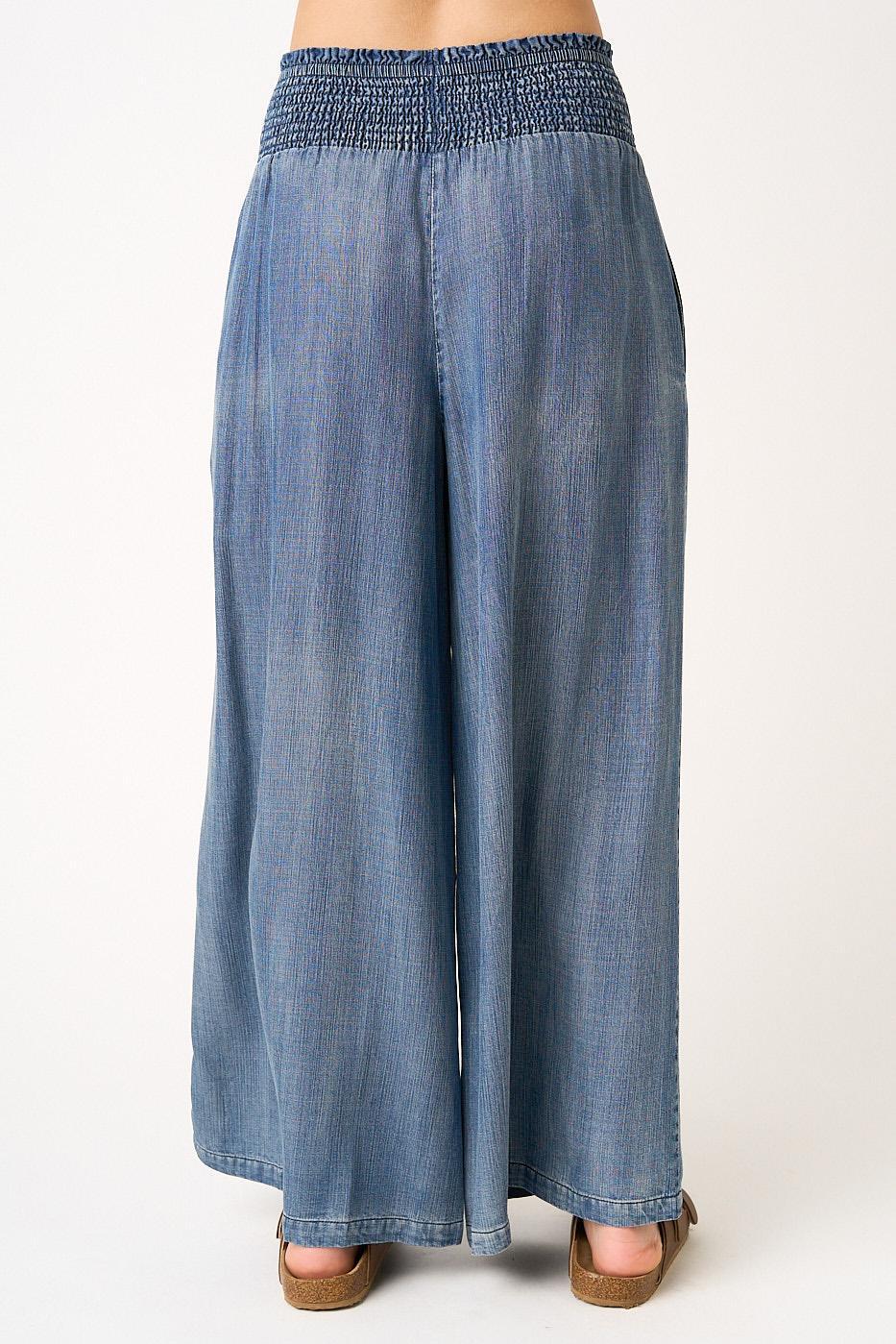Blue denim wide-leg pants on a white background