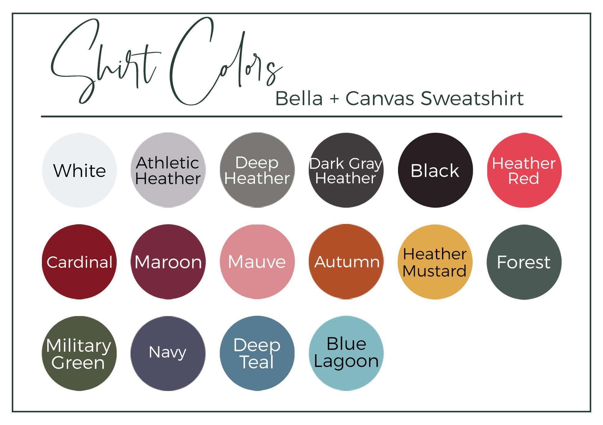 Color swatches for Bella + Canvas sweatshirt with various color options.