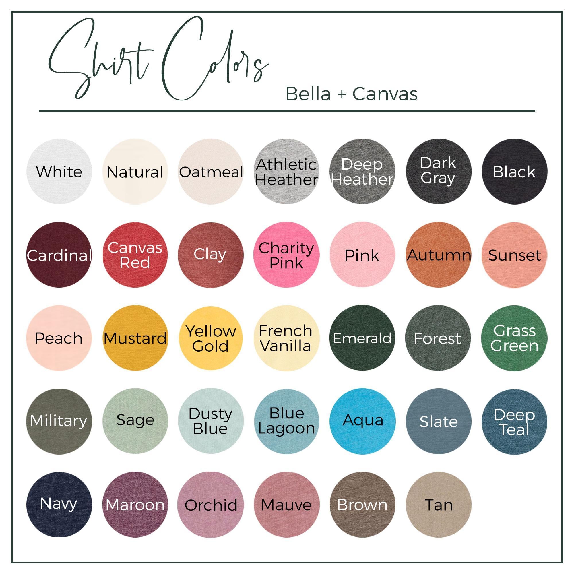 Color swatch chart for Bella + Canvas shirts with various color options.