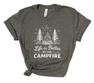 Gray t-shirt with 'Life is Better by the Campfire' graphic design on a white background