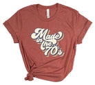 Red t-shirt with 'Made in the 70's' text on a white background