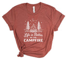 Red t-shirt with 'Life is Better by the Campfire' graphic on a white background