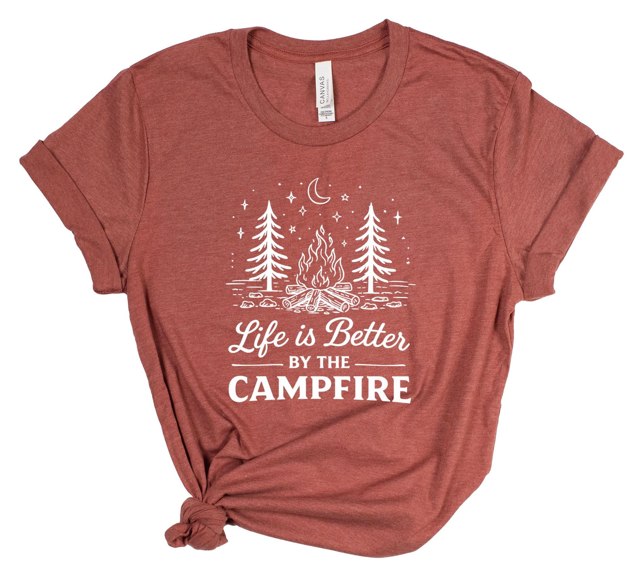 Red t-shirt with 'Life is Better by the Campfire' graphic on a white background