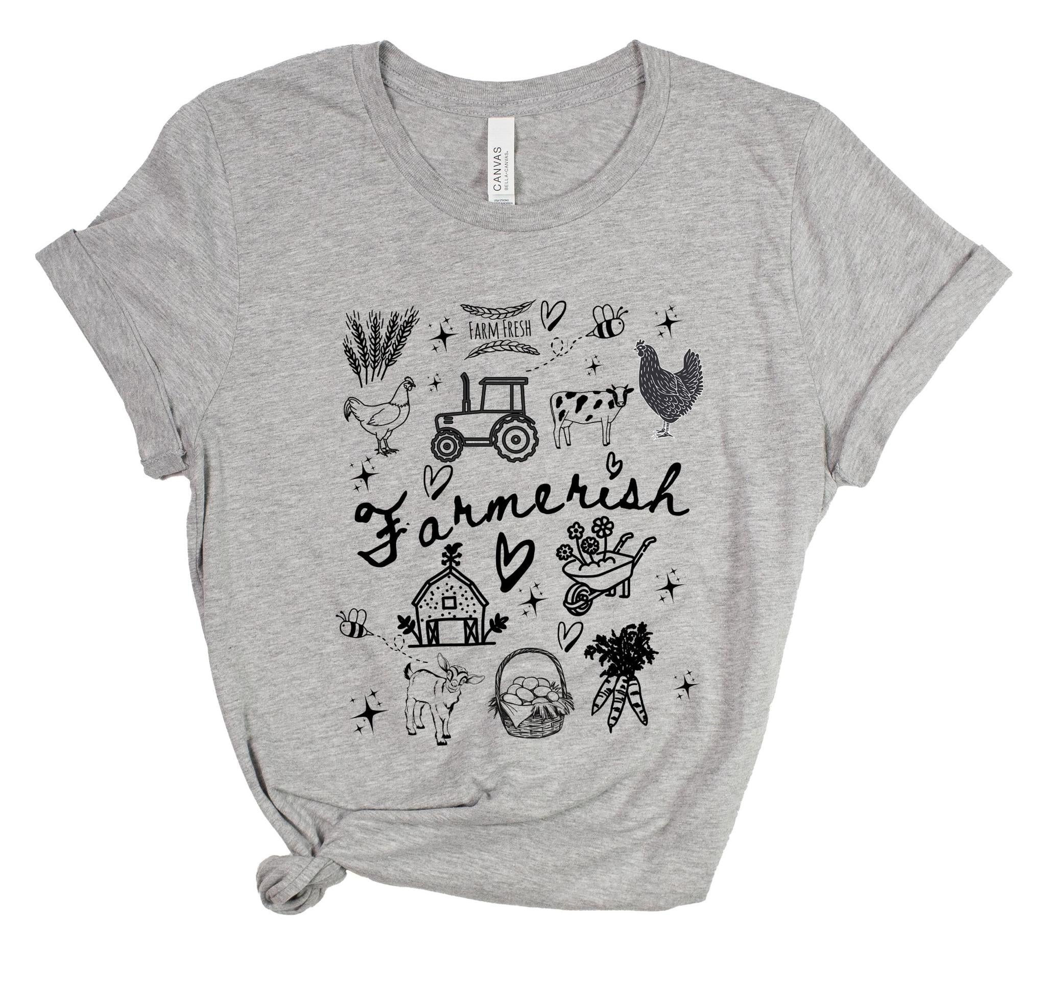 Gray t-shirt with black farm-themed graphics and 'Farmerish' text on a white background