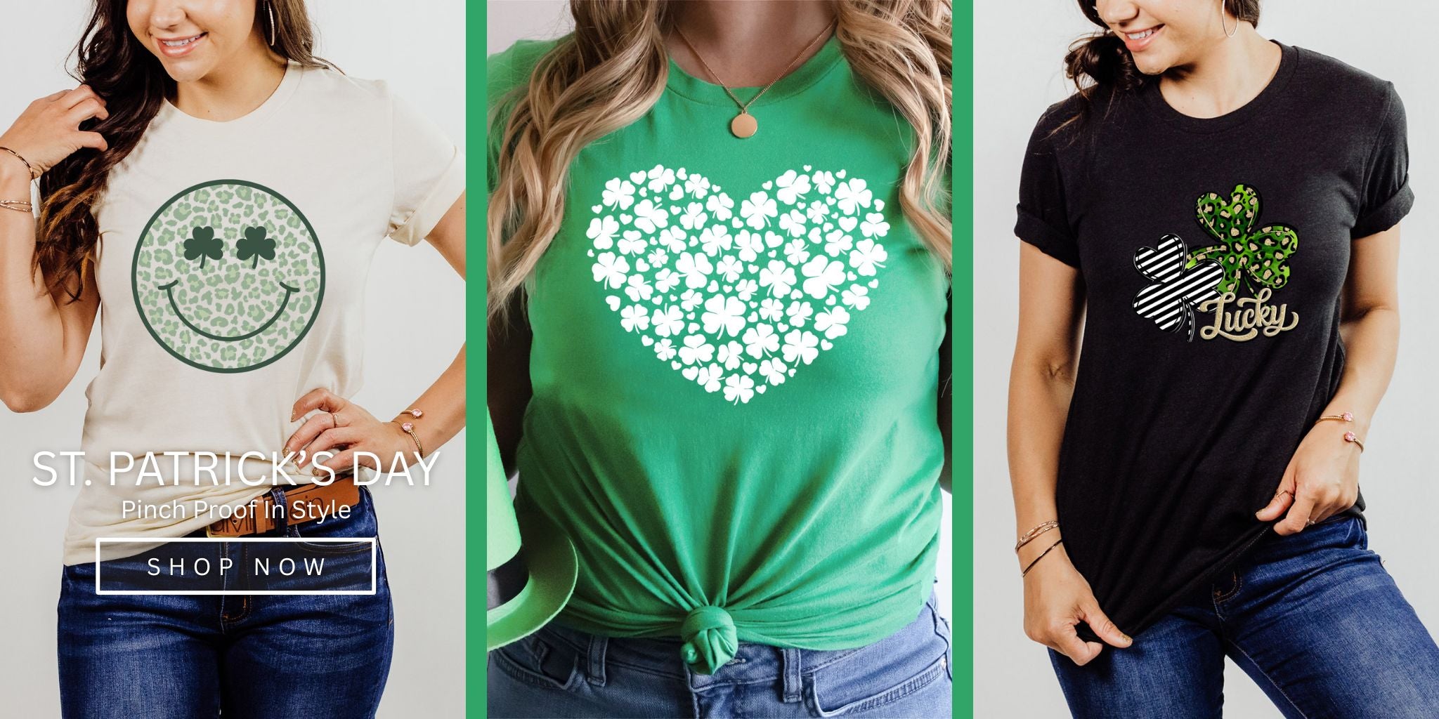 Three women wearing St. Patrick's Day-themed t-shirts with shamrock designs.