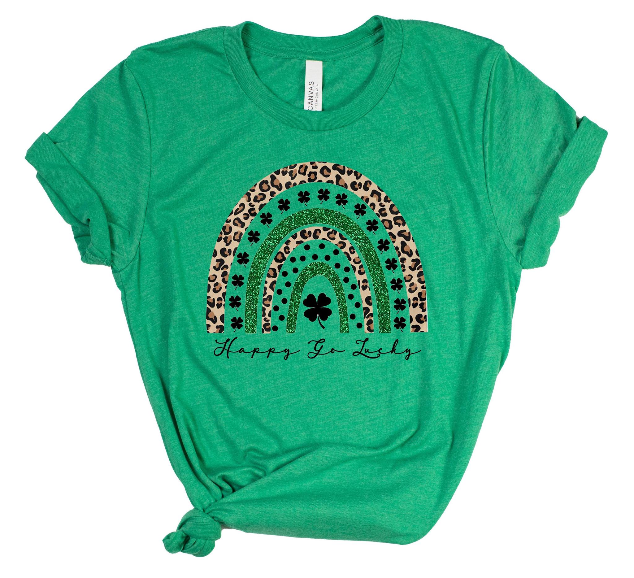 Green t-shirt with rainbow and leopard print design on a white background