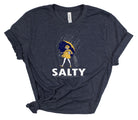 Navy blue t-shirt with 'Salty' graphic design featuring a person with an umbrella on a white background