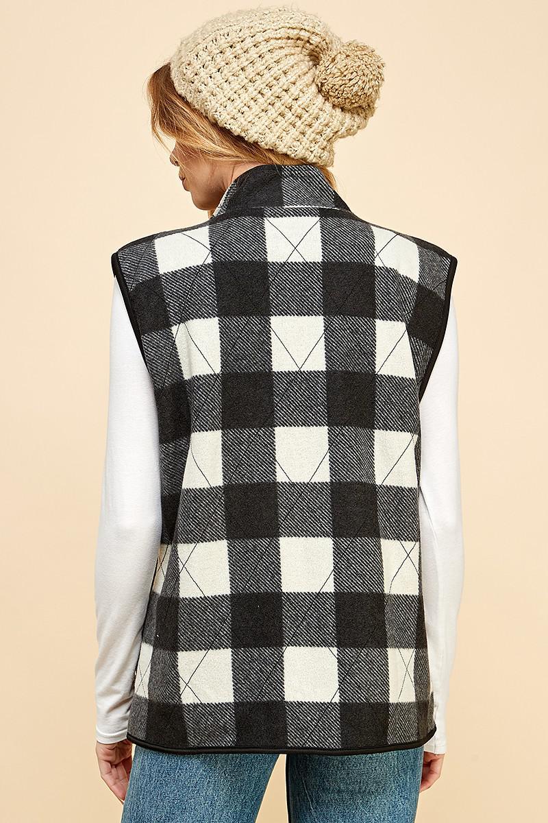 Black & White Reversible Plaid Zip Up Pocket Vest – Sage