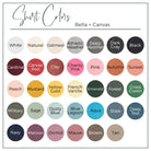 Color swatch chart for Bella + Canvas shirts with various color options.
